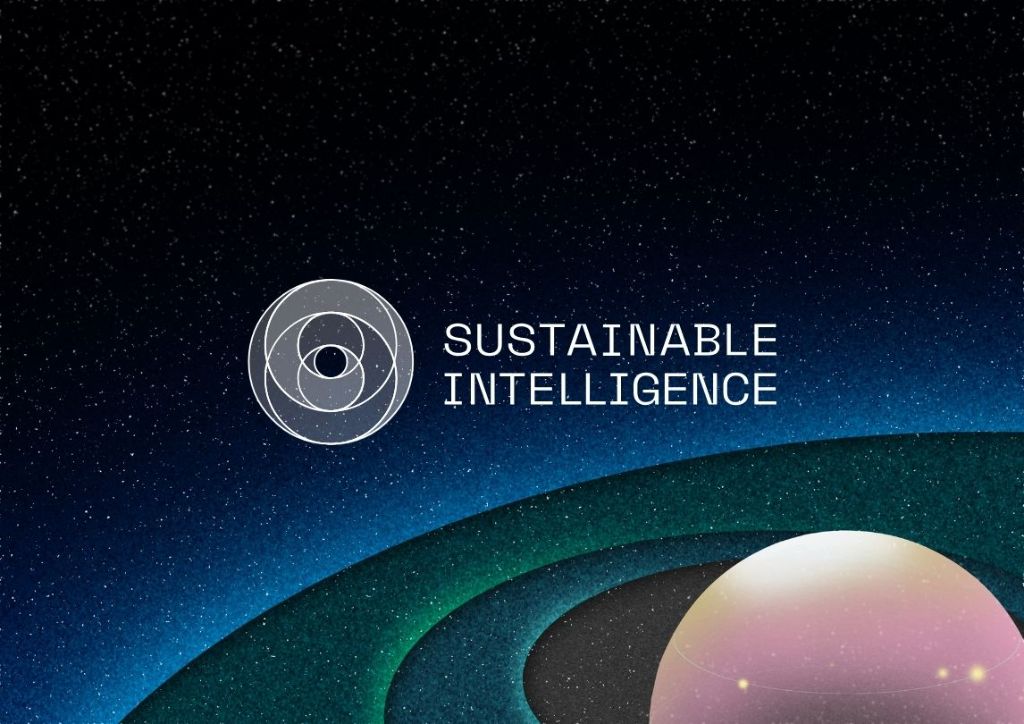 The Sustainable Intelligence logo, a set of overlapping circles, with the words SUSTAINABLE INTELLIGENCE, over an illustration of a starfield and the curved horizon of a planet.