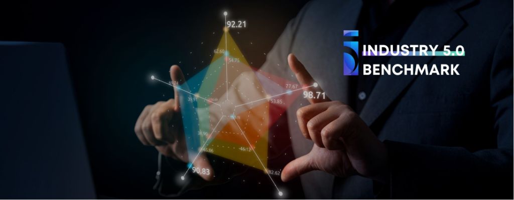 A person in a suit interacting with a floating translucent five-pointed radar chart, each axis carrying a different colour, beside the i5Benchmark wordmark.